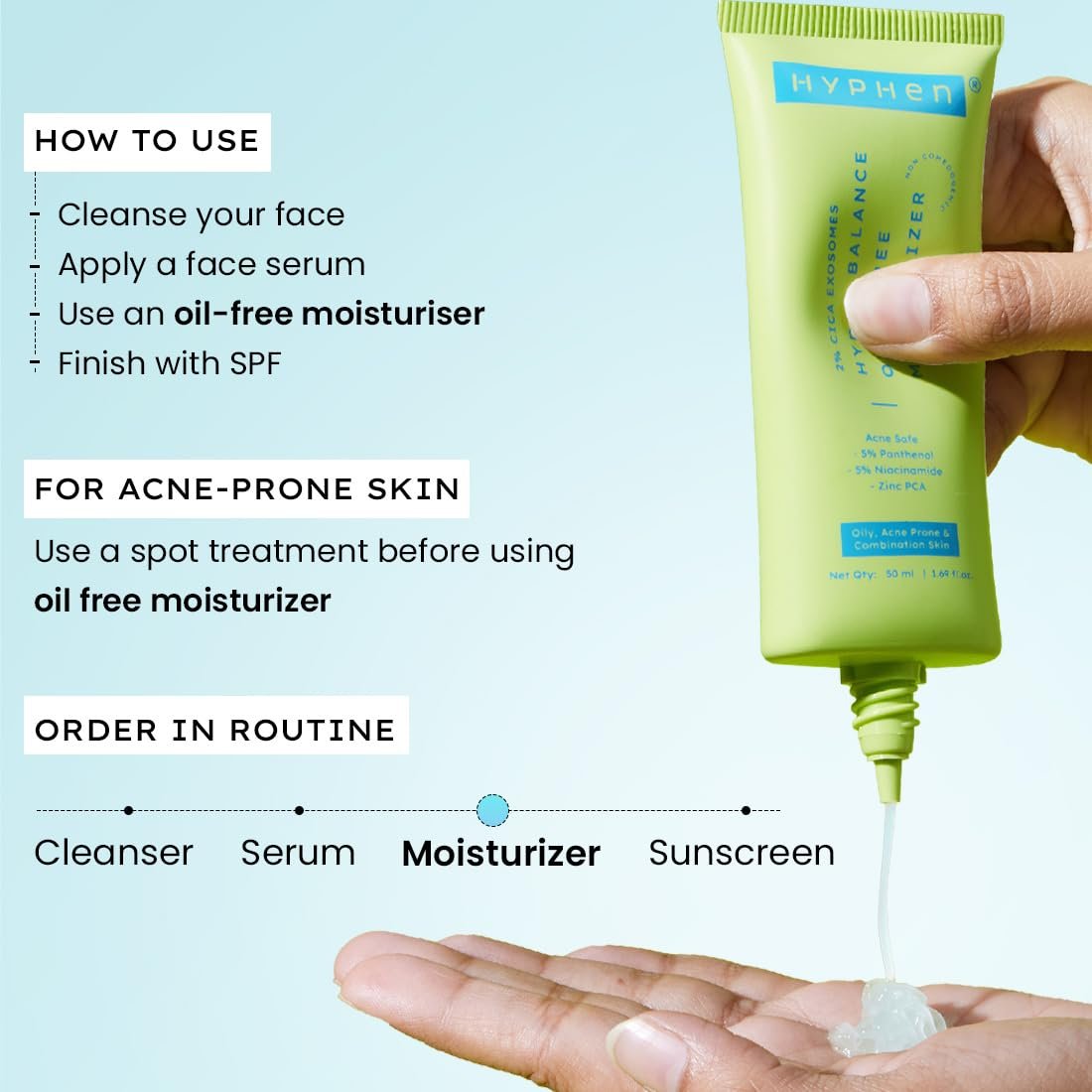 Hyphen 2% Cica Exosomes Oil-Free Moisturizer | 10X Deeper Hydration | Lightweight Water Gel with 5% Niacinamide | Controls Oil, Non-Comedogenic | Acne-Prone, Dry & Oily Skin - 50ml thumbnail