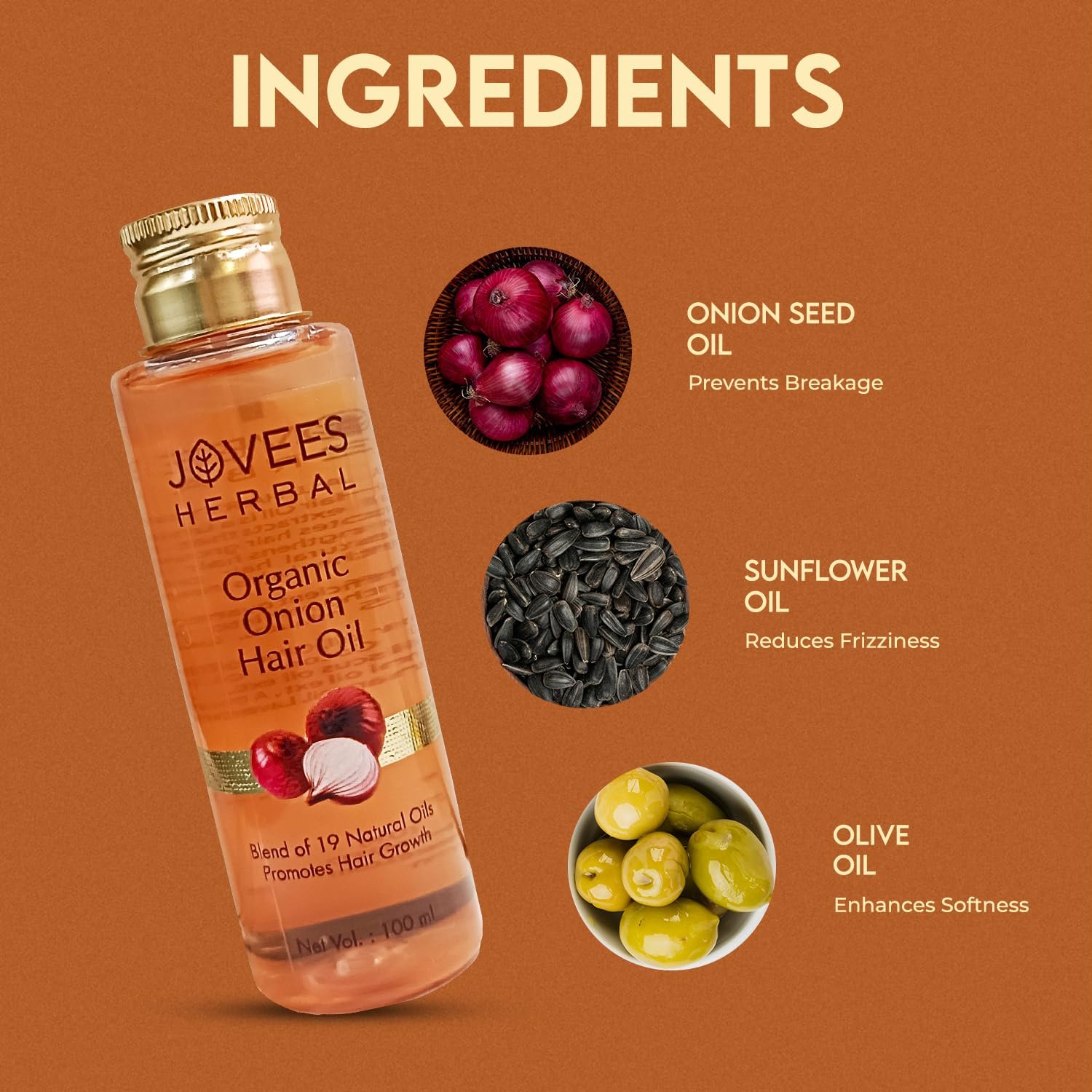 Jovees Herbal Organic Onion Hair Oil 100ML | Controls Hair Fall, Promotes Growth | Contains Onion Seed Oil, Olive oil, Sesame oil, Almond oil | Suitable for All Hair Types thumbnail