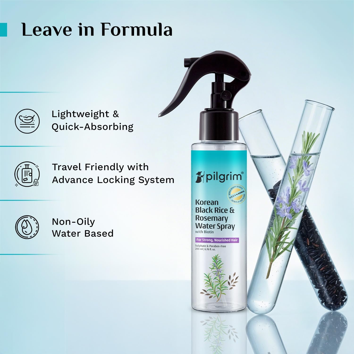 Pilgrim Korean Black Rice and Rosemary Water Spray With Biotin For Strong, Nourished Hair 200ml | Spray for Regrowth | Thicker & Stronger Hair | Sulphate & Paraben Free I For Women for Men thumbnail