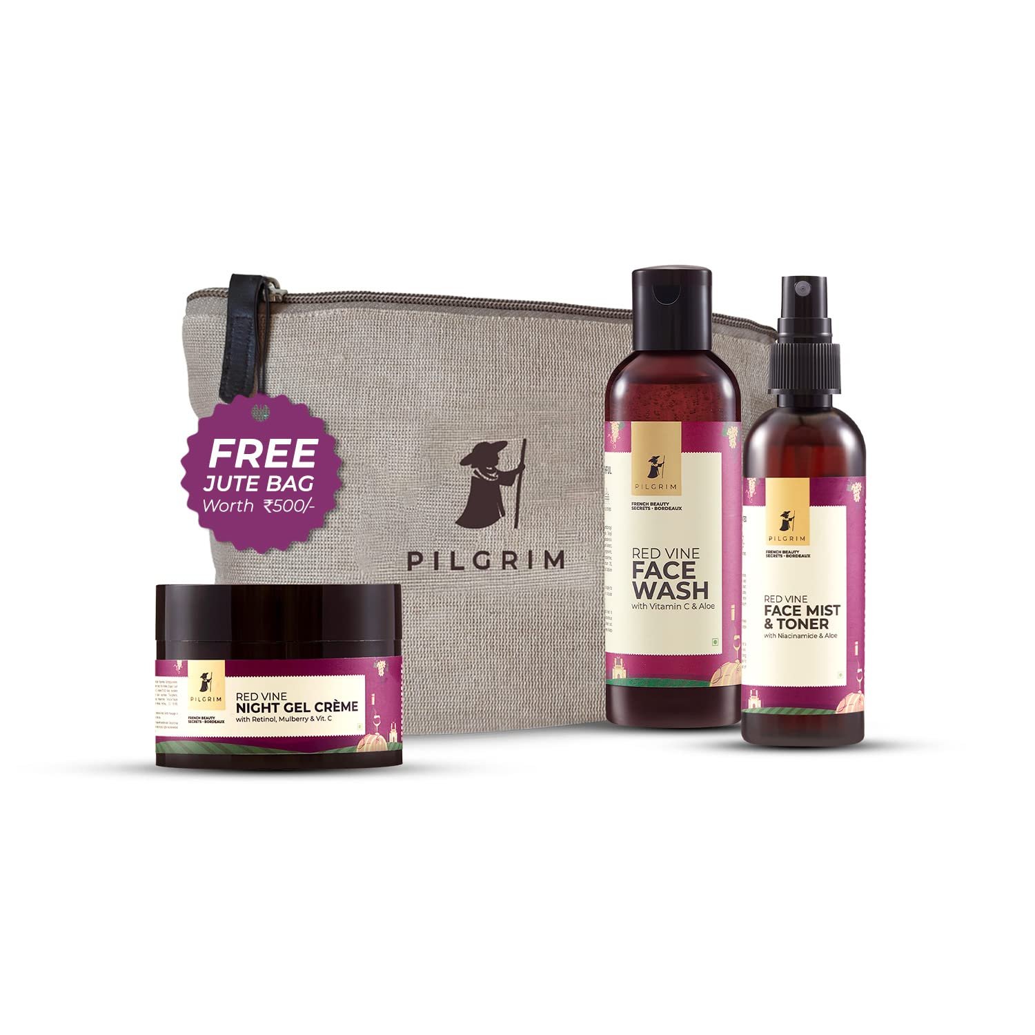 Pilgrim Red Vine Skin Care Kit For Night Care with Eco-friendly Jute Bag | Face Wash 100ml, Face Mist & Toner 100ml, Night Creme Gel 50g thumbnail