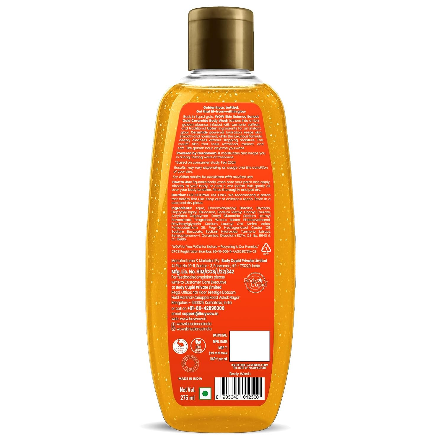 WOW Skin Science Sunset Gold� Ceramide Body Wash | Ceramide for Deep Hydration & Skin Barrier Support | Ubtan with Turmeric & Saffron for Glow | 12-Hour Fragrance with Cerabloom� | 275 ml thumbnail