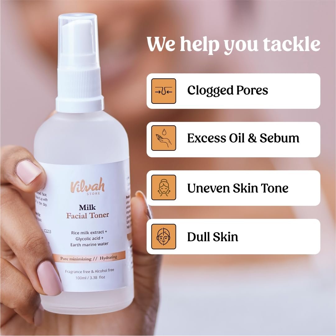 Vilvah Milk Face Toner | Pore Minimizing & Hydrating Toner for Smooth Skin Texture | With Rice Milk, Marine Water & Glycolic Acid | Balances Skin pH, Refines Pores & Boosts Hydration | 100ml thumbnail
