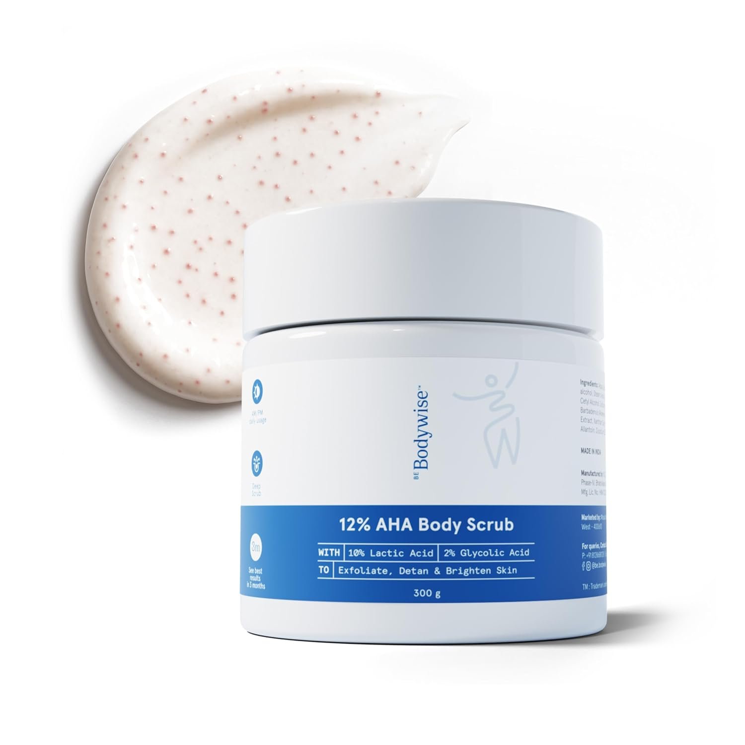 Be Bodywise 12% De-Tan AHA Body Scrub | Exfoliating Scrub with Glycolic Acid & Lactic Acid | Smoothens Strawberry Skin & Rough Bumps | Oat & Aloe Extract for Hydration |  300g thumbnail