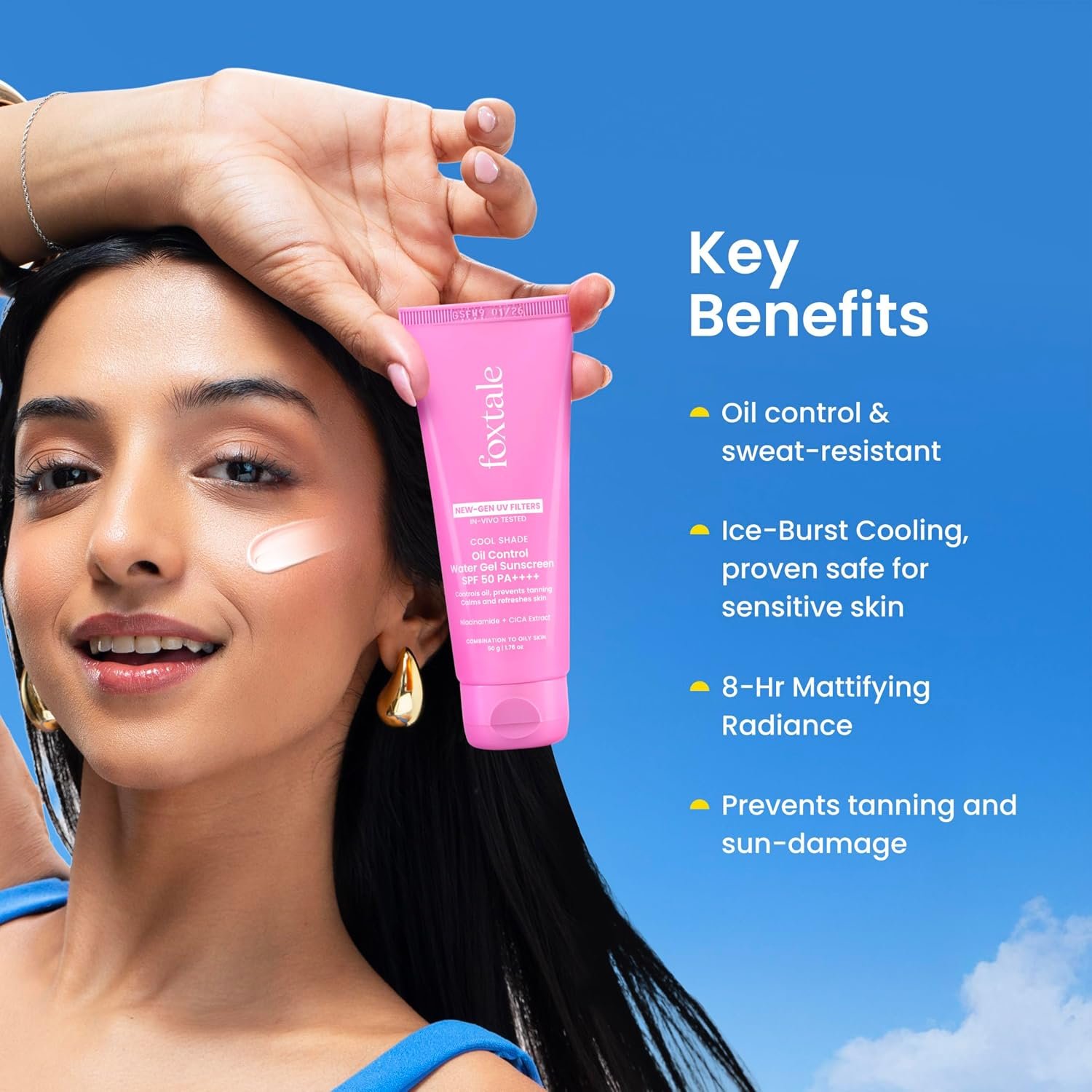 Foxtale Gel Sunscreen for Oily Skin, SPF 50 PA++++, In-Vivo Tested, 50ml No White Cast, Matte Finish, Lightweight, Non Comedogenic, Cica, Niacinamide, Men, Women, Prevent Tan, Water-Based Te thumbnail