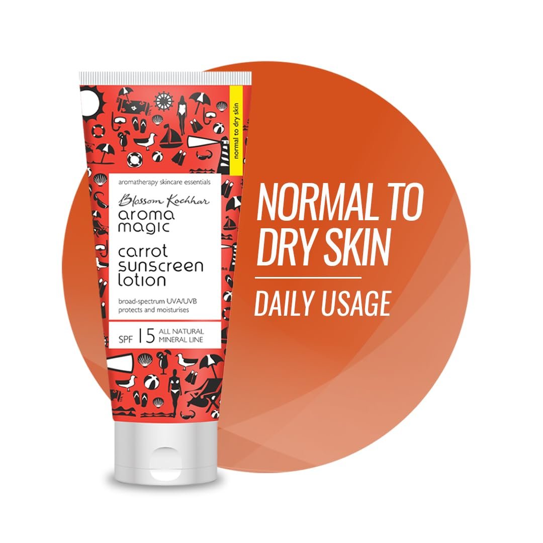 Aroma Magic Carrot Sunscreen Lotion ? 100ml | SPF 15 for Dry Skin | Non-Nano Zinc Oxide, Carrot seed & Rice Bran Oils | No Parabens or Alcohol | Deep Moisture + Sun Protection | 100ml