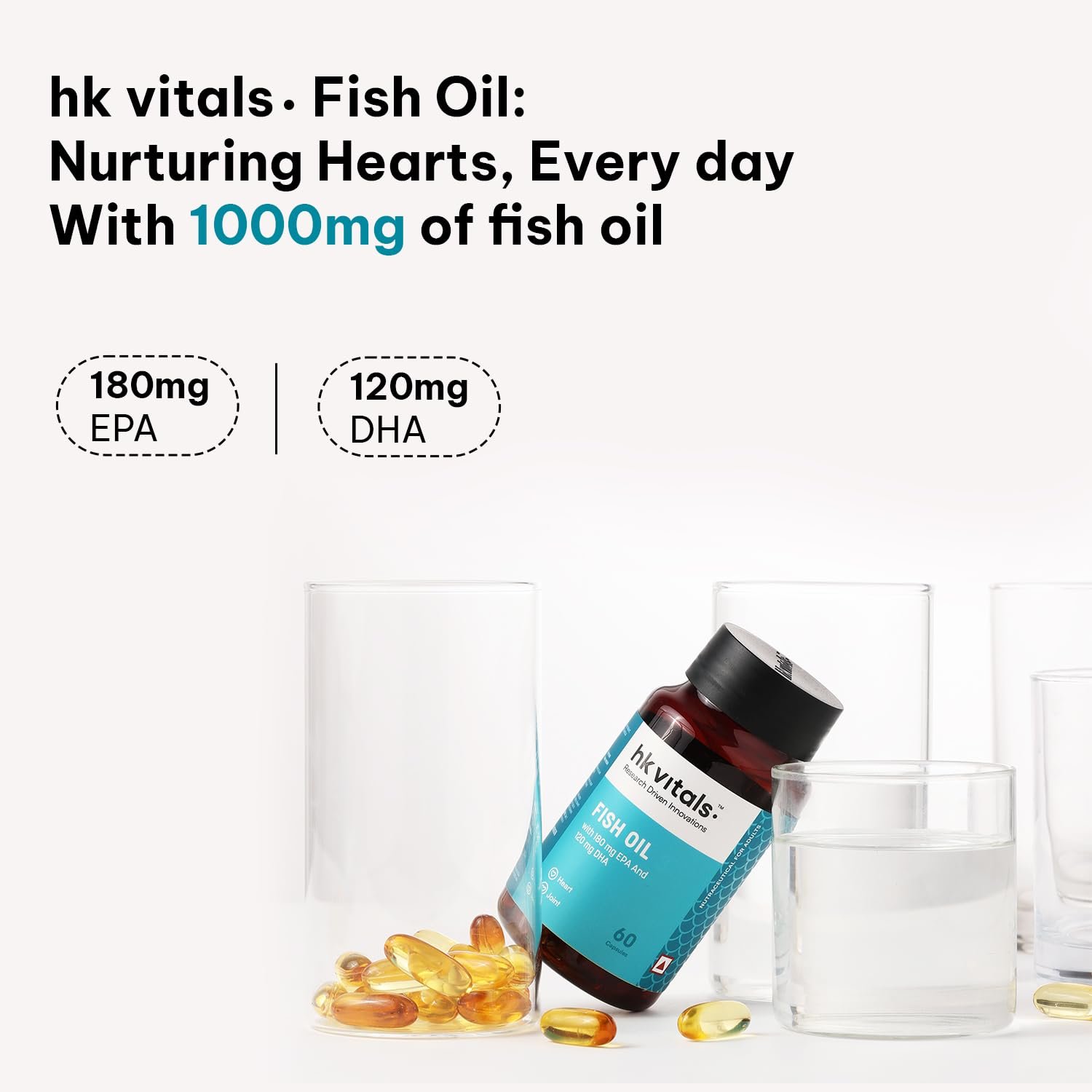 hk vitals Fish Oil, 60 Capsules 1000mg Omega 3 with 180mg EPA & 120mg DHA | Supports Heart, Brain & Joint Health thumbnail