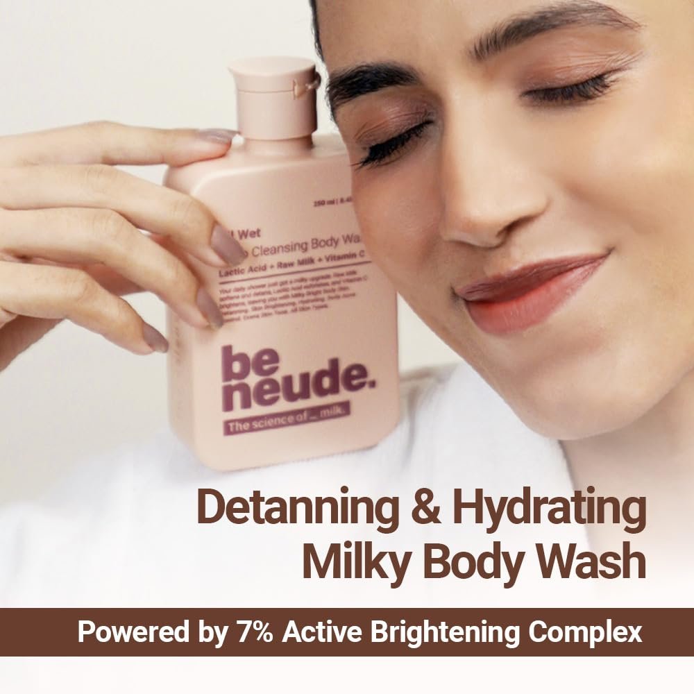 Be Neude All Wet 250ml De-Tan Body Wash with Milk, Lactic Acid, Vitamin C for Skin Brightening, Dark Spot & Pigmentation Reduction; Deep Cleansing Shower Gel Prevents Dryness & Body Acne | thumbnail
