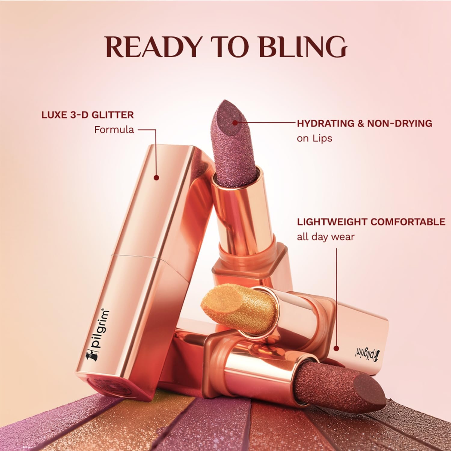 Pilgrim Glitter Lipstick For Women 4.2gm | Dubai Luxe Lifestyle - Her Highness Shade | Lipstick Infused with Vitamin E & Olive Oil | Glitter Formula With Matte Finish | Non Drying | thumbnail