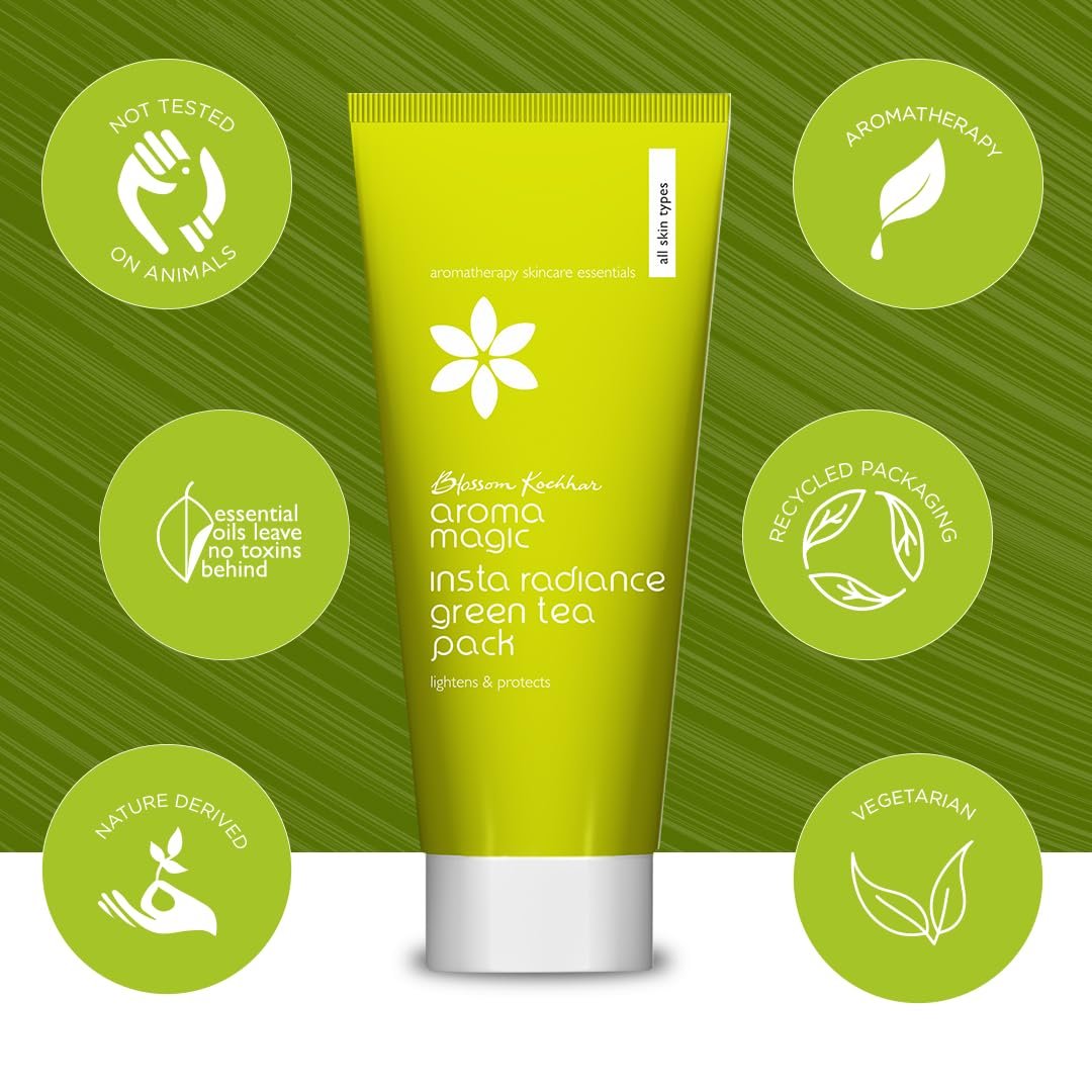 Aroma Magic INSTA Radiance Green Tea Pack orange & lemon Essential Oils | Blend of fruit enzymes | For Lighten Blemishes| Hydrates & Protect | for Men & Women | ALL Skin Types | 100gm thumbnail