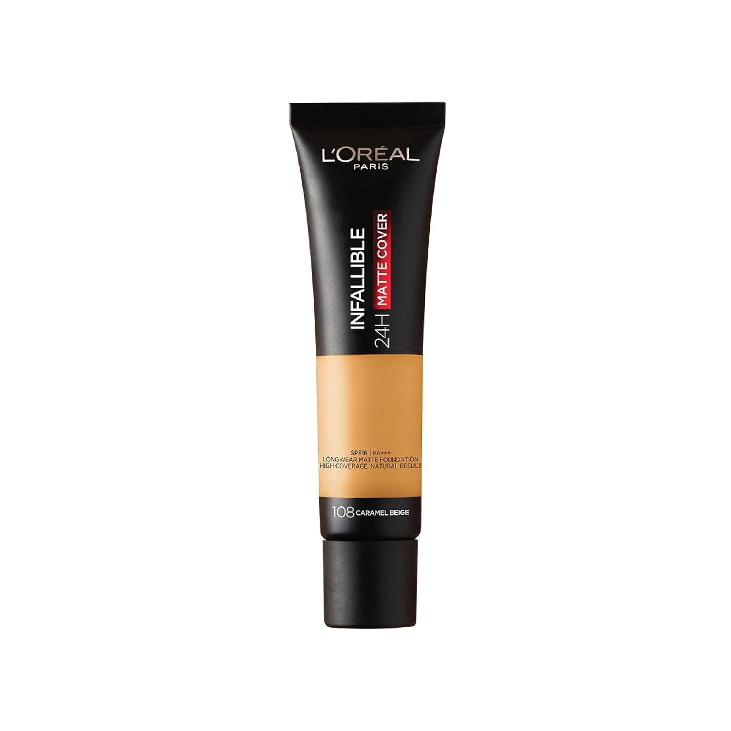 L'Oréal Paris Liquid Foundation, Waterproof, Sweatproof and Heatproof, Oil-Control, Infallible 24H Matte Cover, 108 Caramel Beige, 35ml