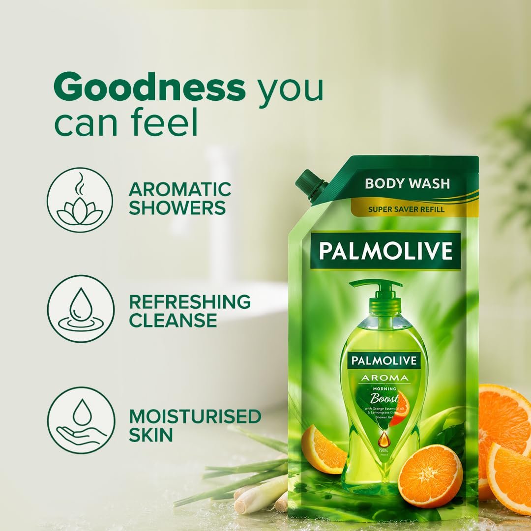 Palmolive Aroma Morning Boost Body Wash, 750ml Shower Gel Refill Pack, 100% Natural Citrus Essential Oil, Lemongrass Extracts for a Soft and Smooth Skin, Ph Balanced thumbnail
