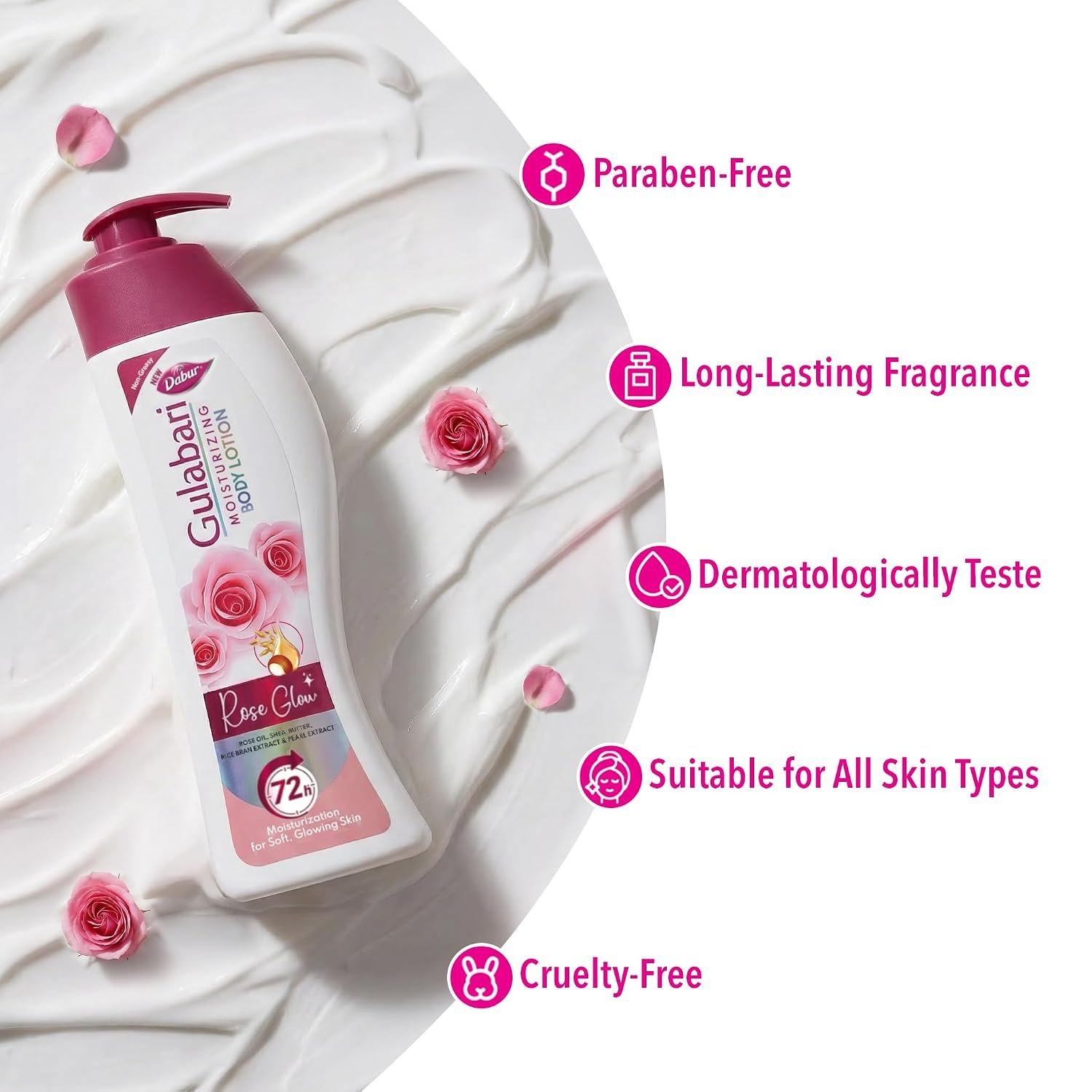 Dabur Gulabari Moisturizing Body Lotion – 400 ml | For Men & Women | Dry Skin Care | With 100% Organic Rose Oil & Shea Butter | Dermatologically Tested | Paraben Free | 72 Hour Moisturisatio thumbnail
