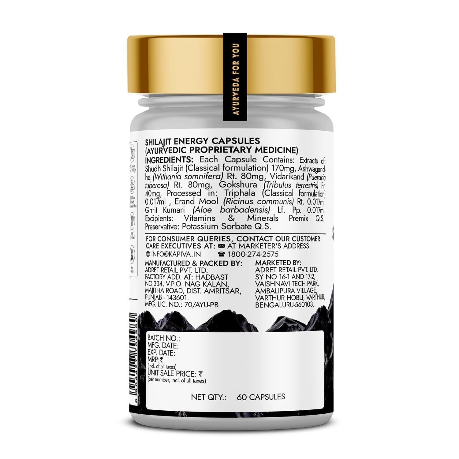 Kapiva Shilajit/Shilajeet Energy 60 Capsules | Made with 100% Pure Shilajit | For All Day Energy & Stamina | With Ashwagandha,Gokshura | Contains 12 Vitamins & 13 Minerals thumbnail