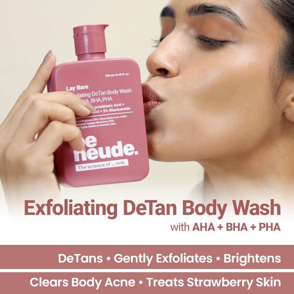 Be Neude Lay Bare Exfoliating DeTan Body Wash with AHA BHA PHA, 2% Salicylic Acid, 5% Niacinamide, Deep Cleansing and Brightening Body Wash for Glowing Skin, 250ml thumbnail