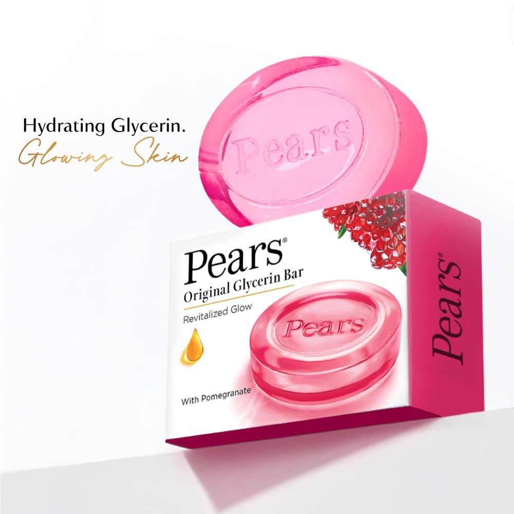 Pears Original Glycerin Soap Bar - Revitalized Glow | With 98% Pure Glycerin & Pomegranate | With Plant Based Cleanser for Skin & Body | Paraben-free | 125gms x 4 thumbnail