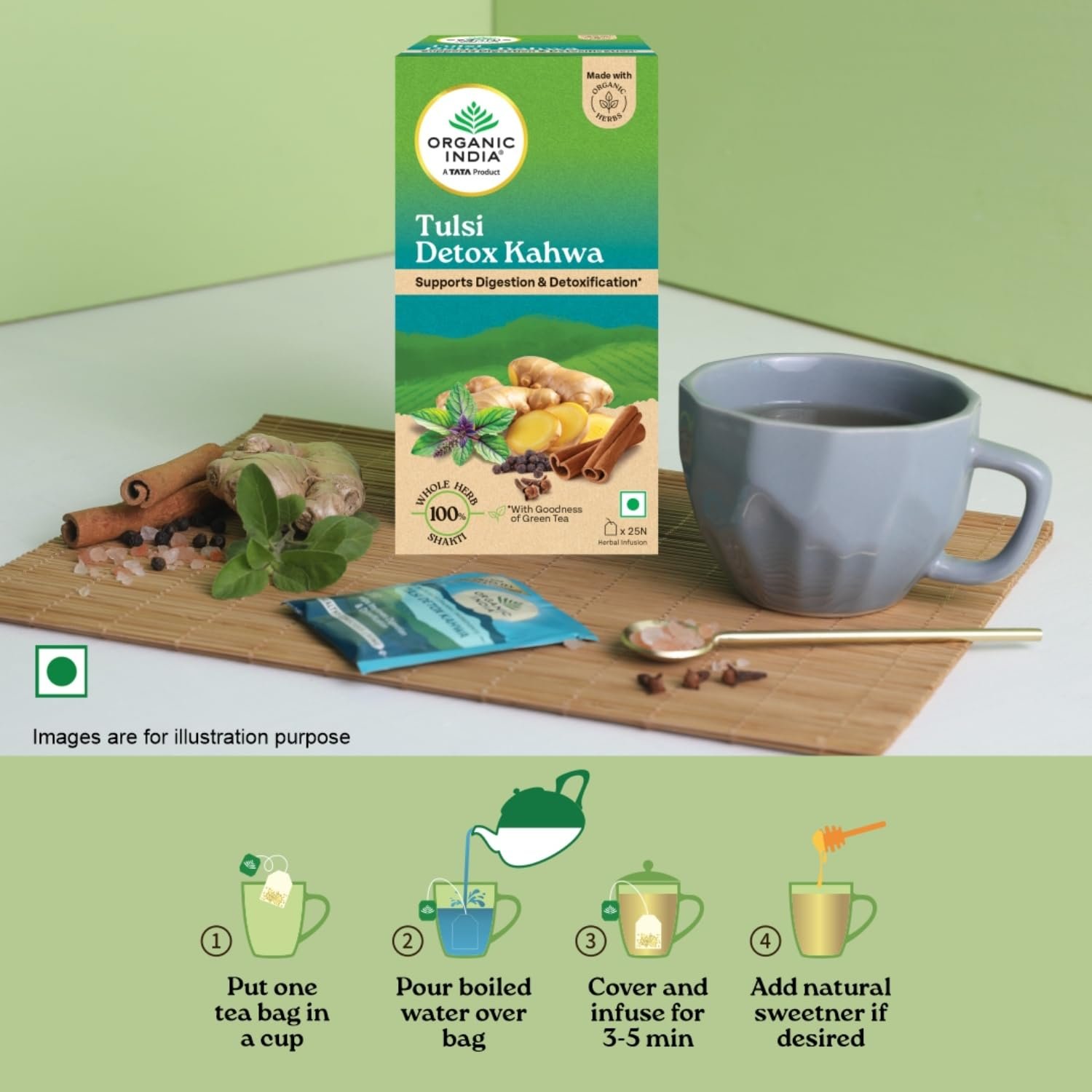 TATA Product - Organic India Tulsi Detox Kahwa - 25 Tea Bags, Helps Improve Digestion & Detoxification, Rich in Antioxidants, Made with Tulsi, Ginger, Clove, and Green Tea thumbnail