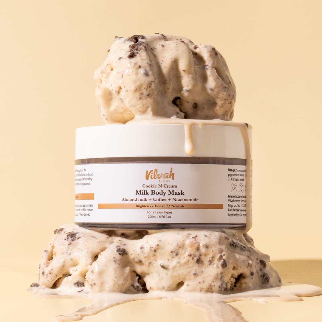 Vilvah Cookie N Cream Body Mask | Tan Removal & Brightening Body Pack | Reduces Pigmentation, Dark Patches & Body Acne | With Almond Milk, Coffee, Niacinamide & Kaolin Clay | 200ml thumbnail