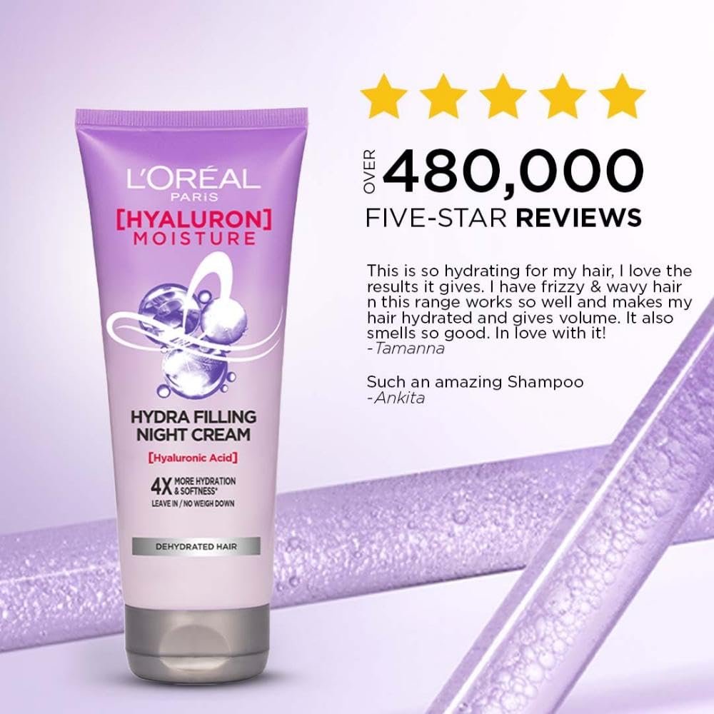 L'Oreal Paris Hyaluron Moisture Hydra Filling Leave-in Night Cream, Powered by Hyaluronic Acid, For Dry & Dehydrated Hair, Volume-180ml thumbnail