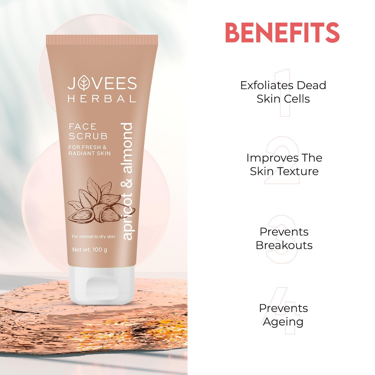 Jovees Herbal Apricot & Almond Face Scrub with Almond, Apricot & Wheatgerm Oil For Normal to Dry Skin | Gently Removes dead Skin, Anti-Pigmentation, Tan Removal | 100g thumbnail