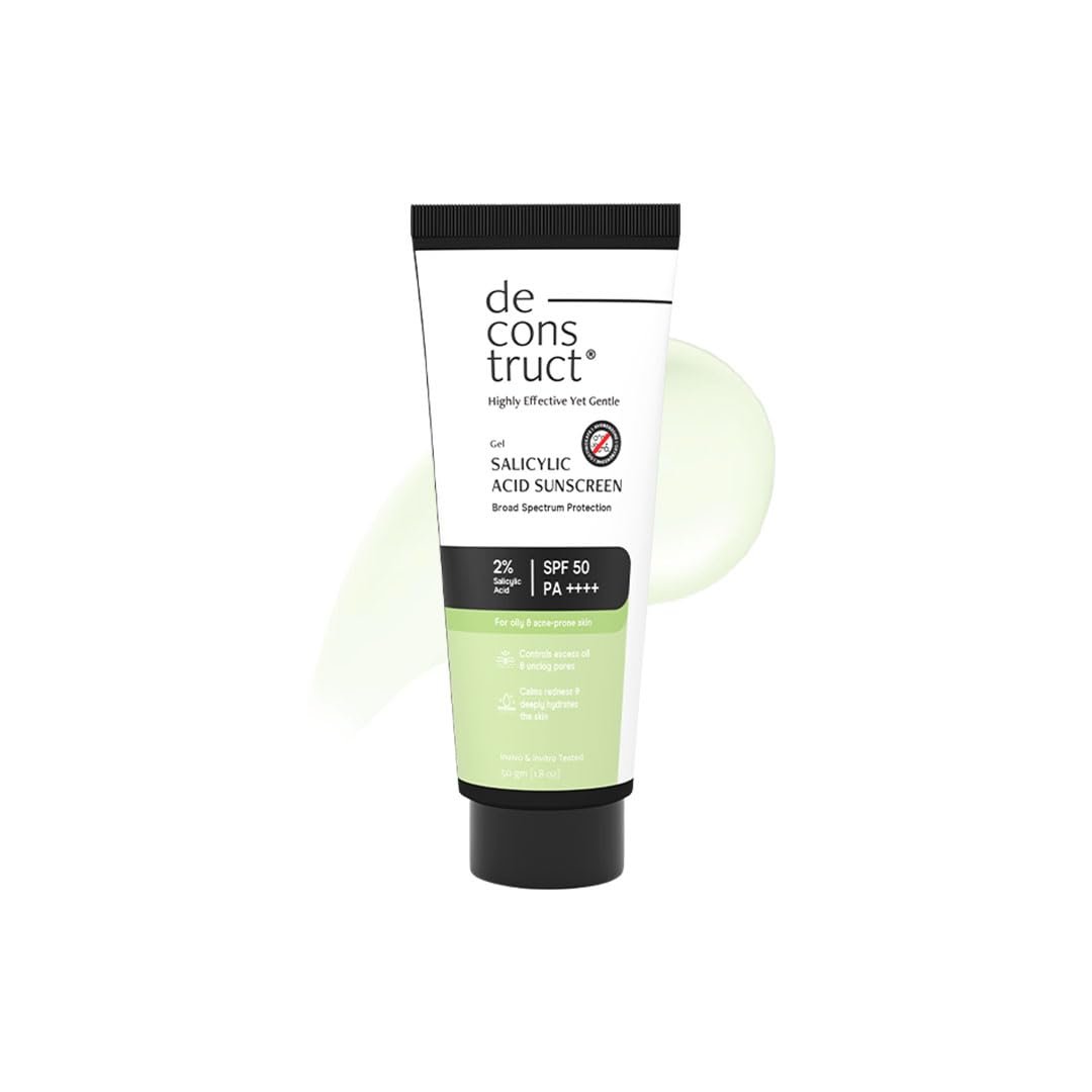 Deconstruct 2% Salicylic Acid Sunscreen SPF 50 PA++++ | Sunscreen for acne prone skin, oily, dry and combination | Unclogs Pores | Controls Excess Oil | Matte Finish | 50g