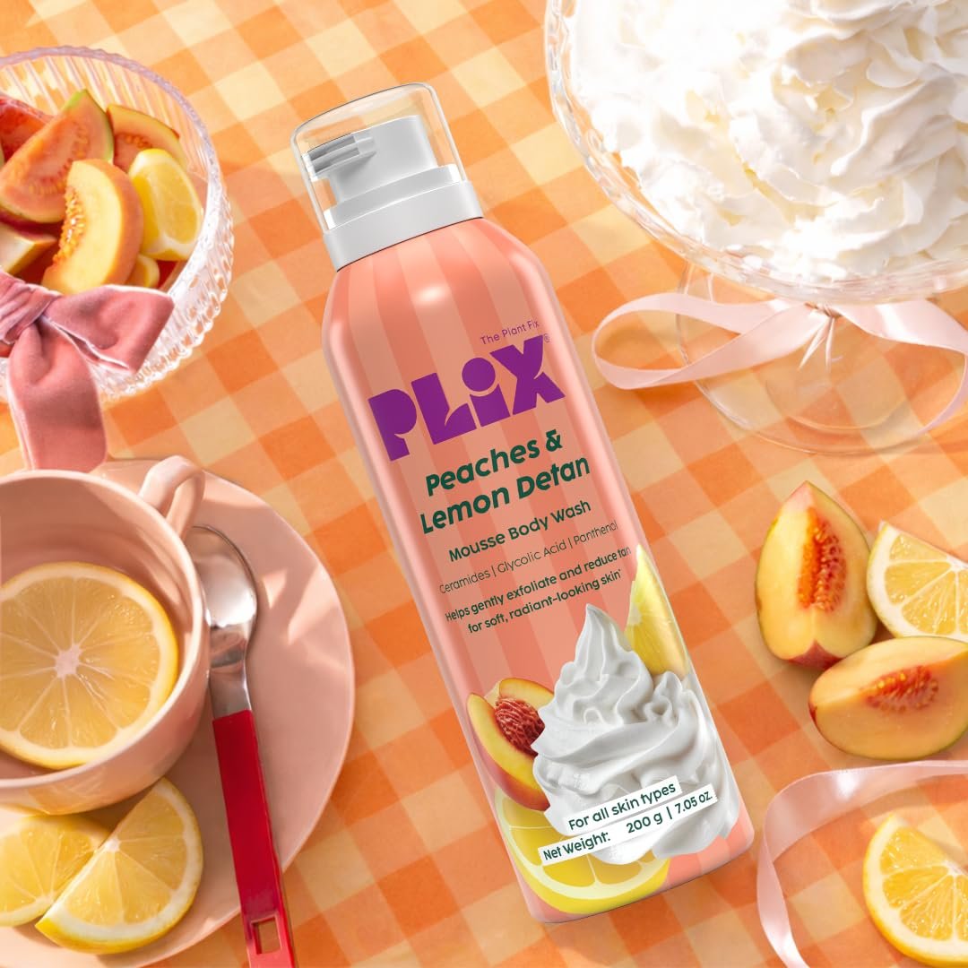 Plix Peaches & Lemon De-Tan Mousse Body Wash | Glycolic Acid & Ceramides | Hydrating Mousse Body Wash with Fruit Extracts | Smooth, Bright Skin thumbnail