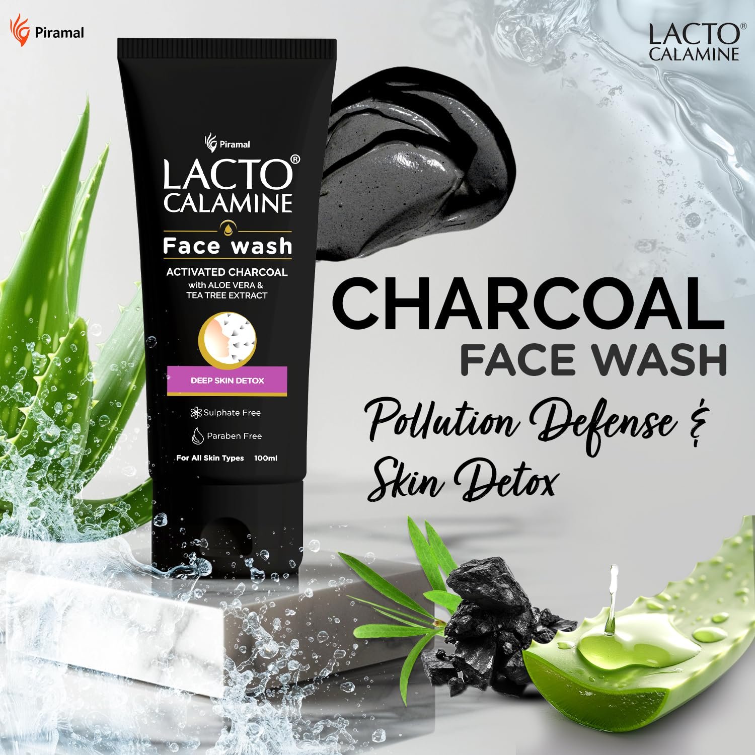 Lacto Calamine Activated Charcoal Face Wash with Aloe Vera & Tea Tree Extract for Deep Skin Detox. Removes impurities and fights blackheads & whiteheads. 100 ml thumbnail