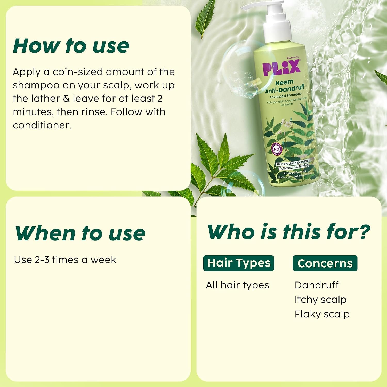 The Plant Fix Plix Neem Anti-Dandruff Advanced Shampoo | Piractone Olamine & Pentavitin Paraben & Sulphate Free | For Men & Women | 200ml thumbnail