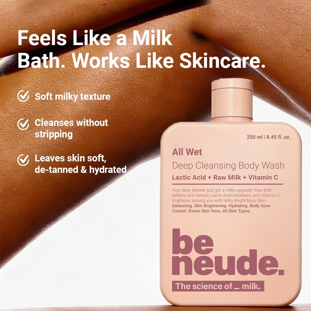 Be Neude All Wet 250ml De-Tan Body Wash with Milk, Lactic Acid, Vitamin C for Skin Brightening, Dark Spot & Pigmentation Reduction; Deep Cleansing Shower Gel Prevents Dryness & Body Acne | thumbnail