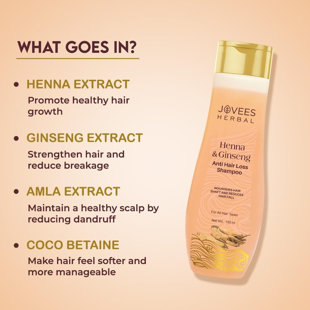 Jovees Herbal Henna & Ginseng Anti Hair Fall Shampoo | Controls Hair Fall & Promotes Hair Growth | Enriched With Henna, Ginseng & Amla Extract | Suitable for All Hair Types | 300ml thumbnail