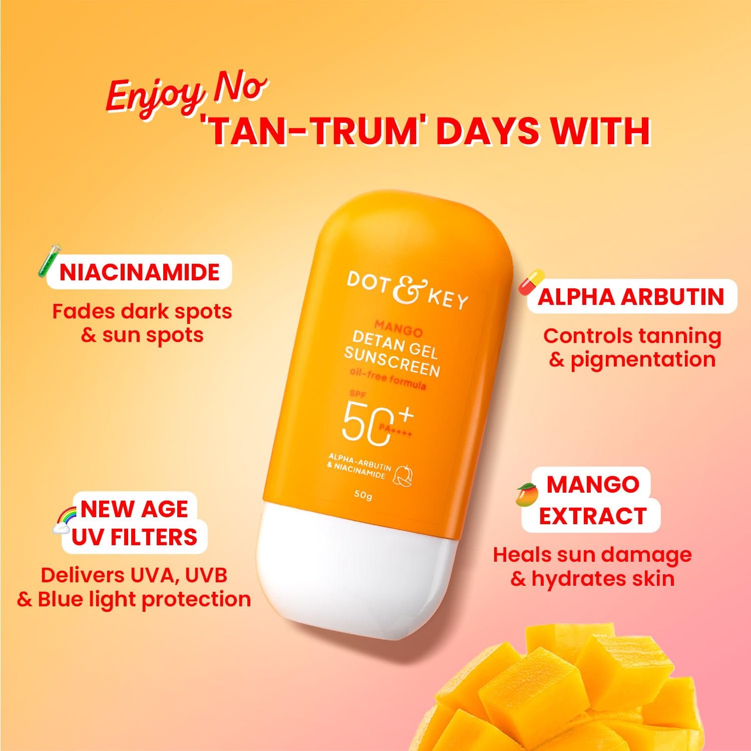 Dot & Key Mango Detan Gel Sunscreen In-Vivo Tested SPF 50+ PA++++, Oil-Free Formula, With Alpha-Arbutin & Niacinamide, Controls Tanning, 120 Minutes Water Resistant, Brightens | 50g thumbnail