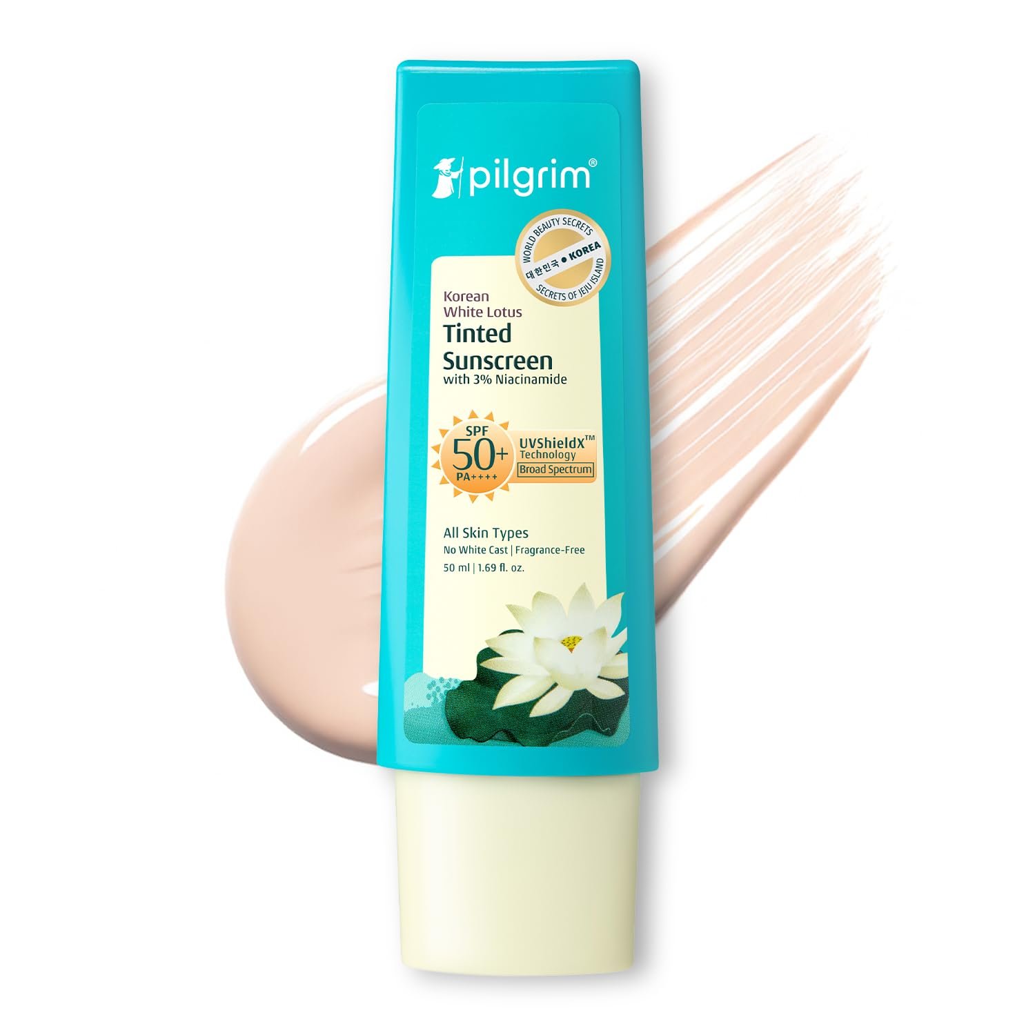 Pilgrim Korean White Lotus Tinted Sunscreen SPF 50+ PA++++ with 3% Niacinamide | No White Cast | Prevents Tanning & Brightens Skin Tone | UVA/B & Bluelight Protection | 50ml