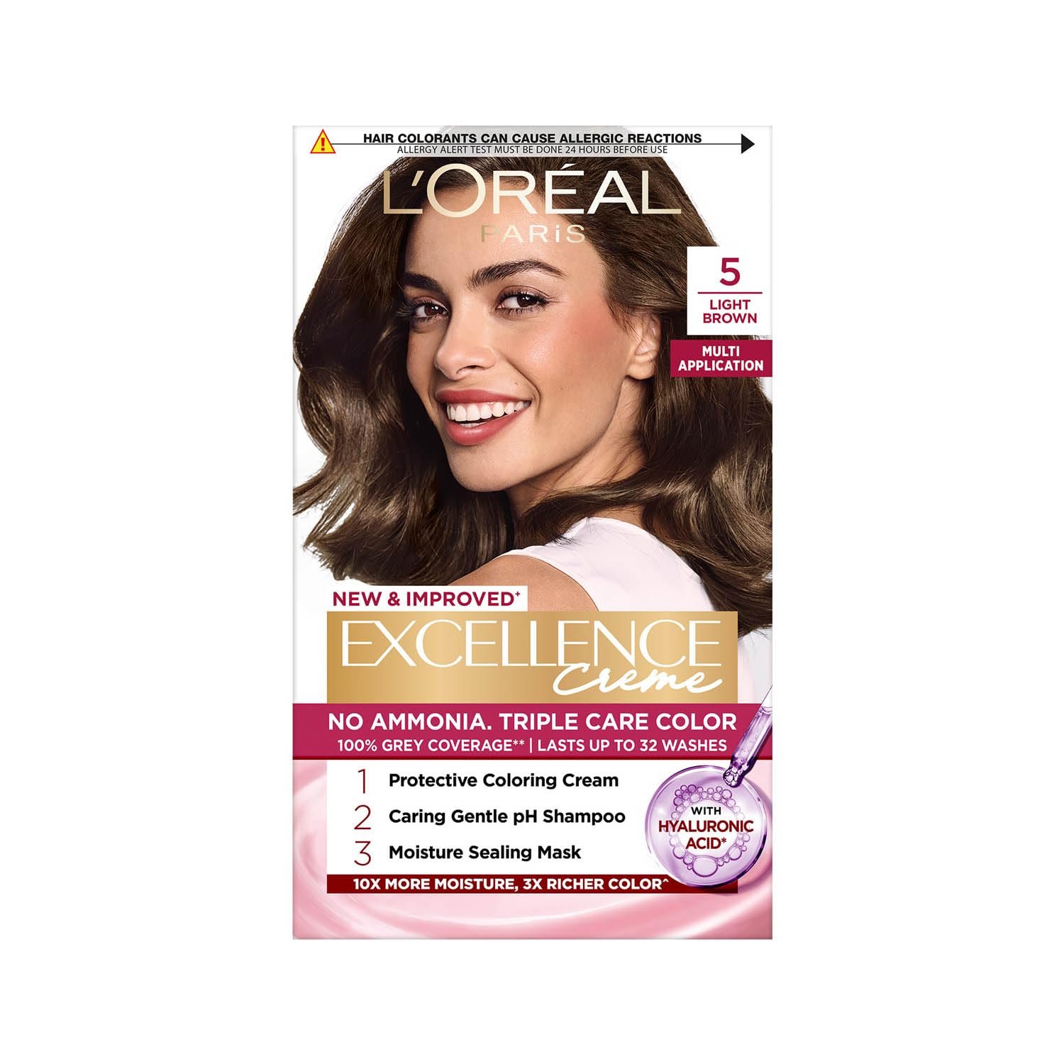L'Oréal Paris Permanent 5 Light Brown Hair Colour, Radiant At-Home Hair Colour with up to 100% Grey Coverage, Pro-Keratin, Up to 8 Weeks of Colour, 72ml+100g