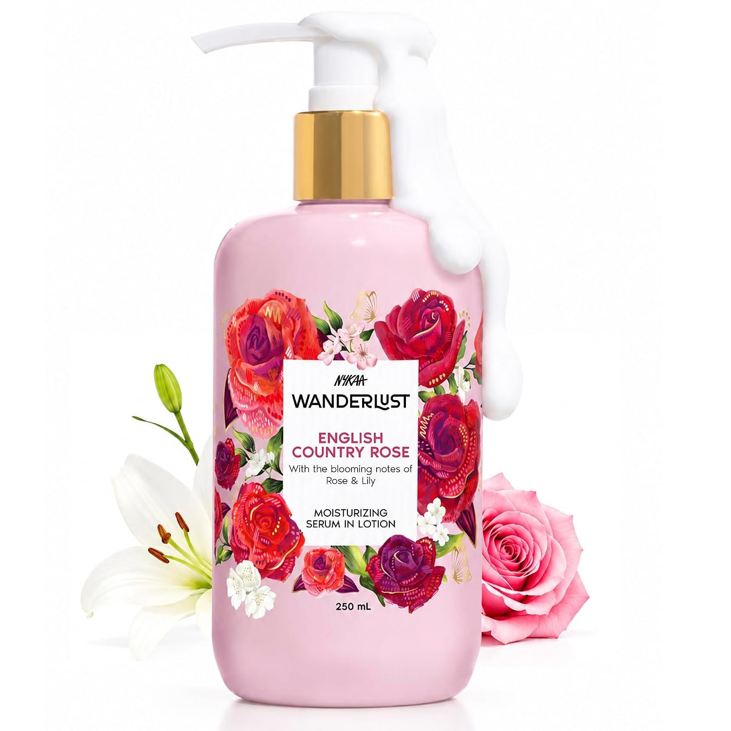 Nykaa Wanderlust English Country Rose Moisturising Body Lotion, 250 ml |Rose blended with fresh Lily | Lightweight, Long-Lasting Hydration | Vegan, Paraben-Free I Suitable for All Skin Types
