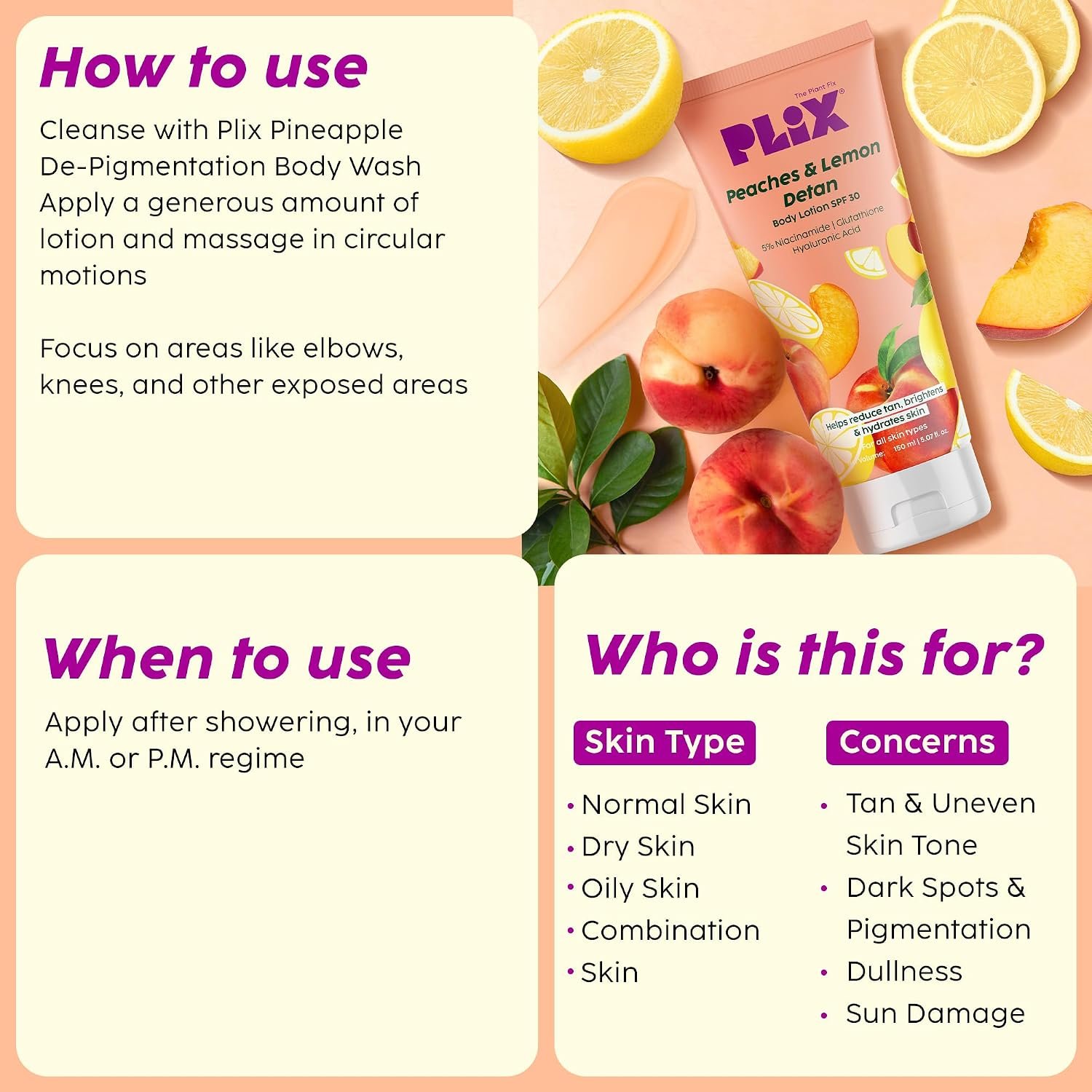 PLIX THE PLANT FIX Peaches & Lemon D-Tan Body Lotion With New-Age UV Filters | In Vivo Tested SPF 30 PA+++ | Lightweight & Non-greasy | Helps Brighten & Moisturize thumbnail