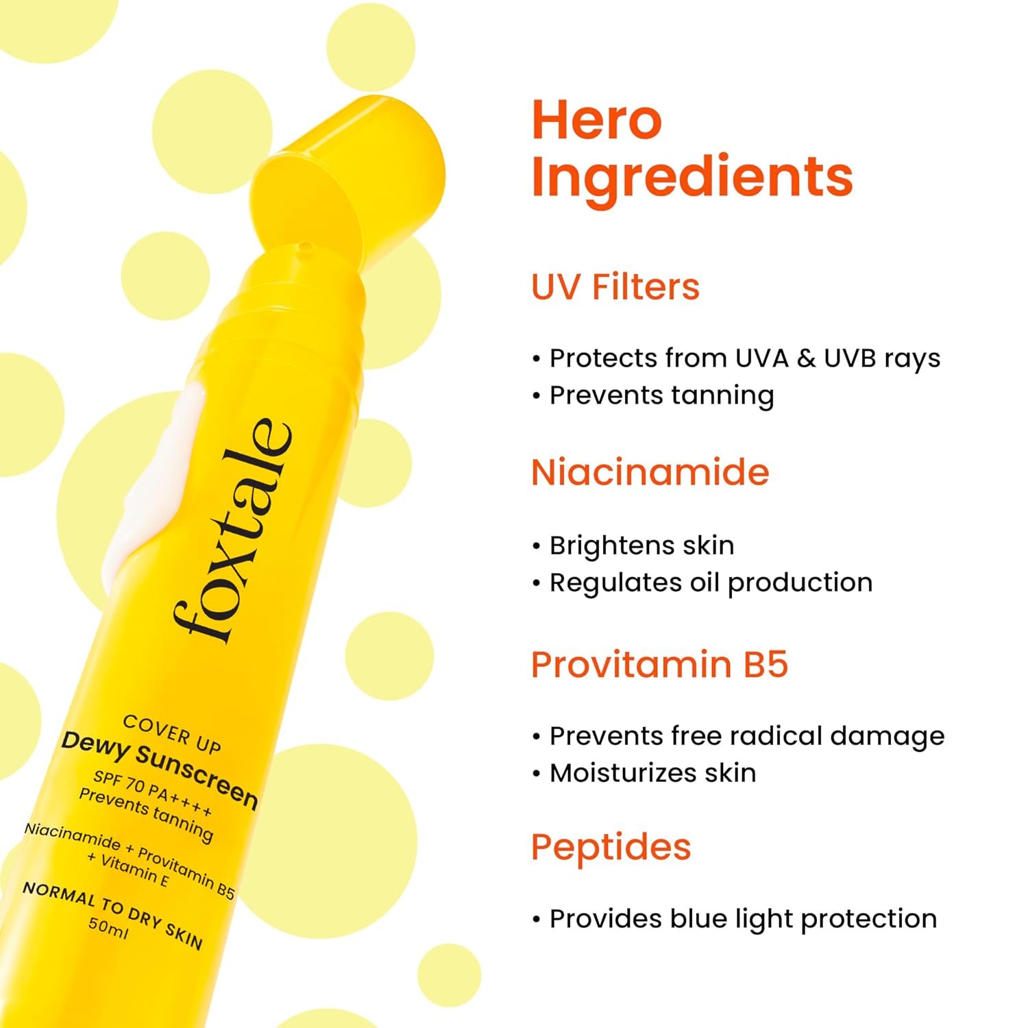 Foxtale SPF 70 Niacinamide Dewy Sunscreen with PA++++ For Dewy Sun Protection | Prevents Tan | Lighten weight, Non Greasy, No White Cast | Anti-Tan Formula | For Men & Women | 50 Ml thumbnail