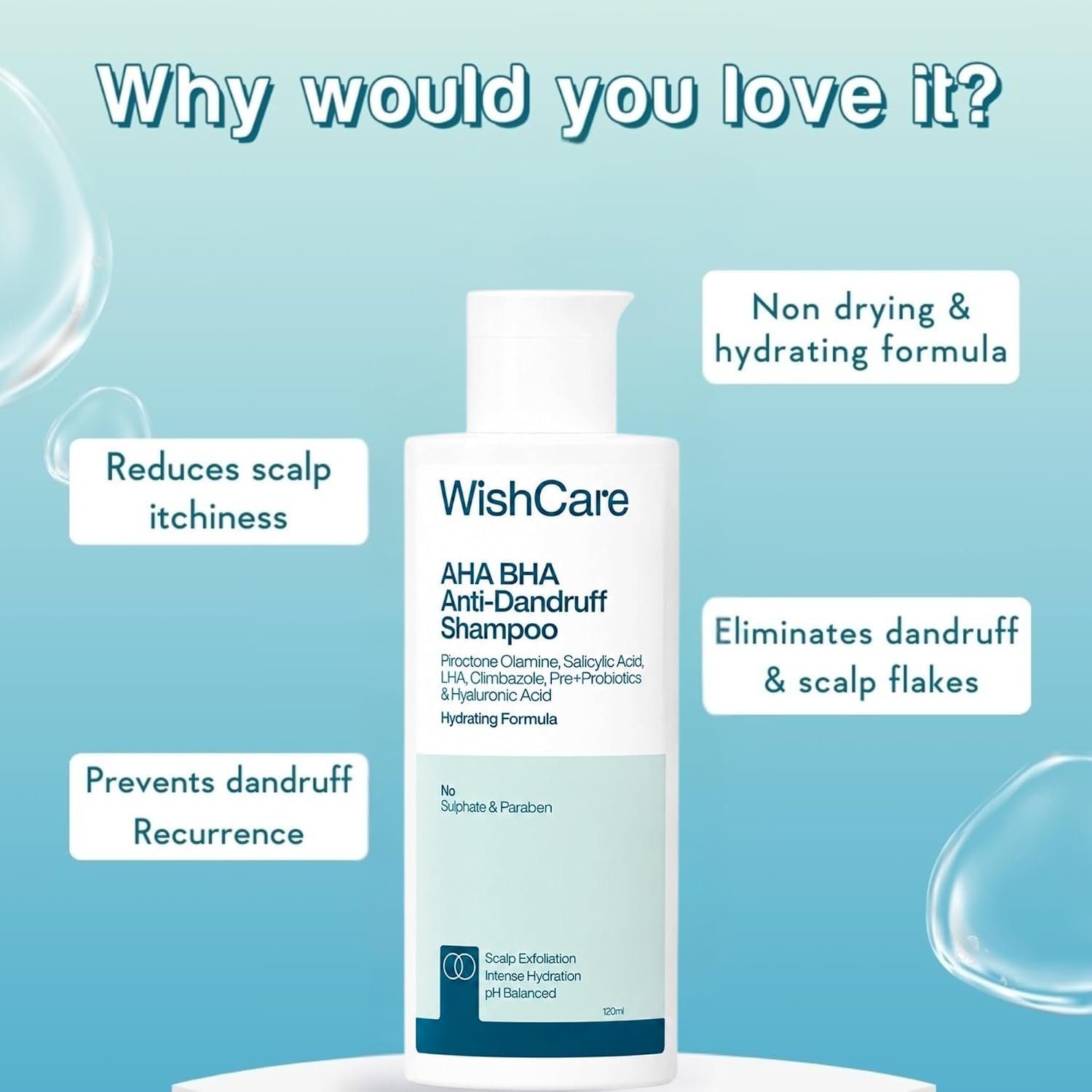 WishCare Hydrating Anti Dandruff Shampoo | 100% Dandruff Reduction | Removes Flakes & Hydrates Scalp | Proven Clinically | For Women And Men | 120ml thumbnail