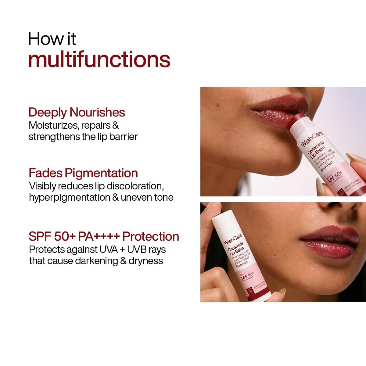 WishCare Tinted Lip Balm with SPF 50 PA+++ | Brightening Lip Balm for Pigmented Dark Lips | In-Vivo Tested | Kojic Acid & Niacinamide | SPF50 Lipbalm for Women | 5g | Blush Red thumbnail