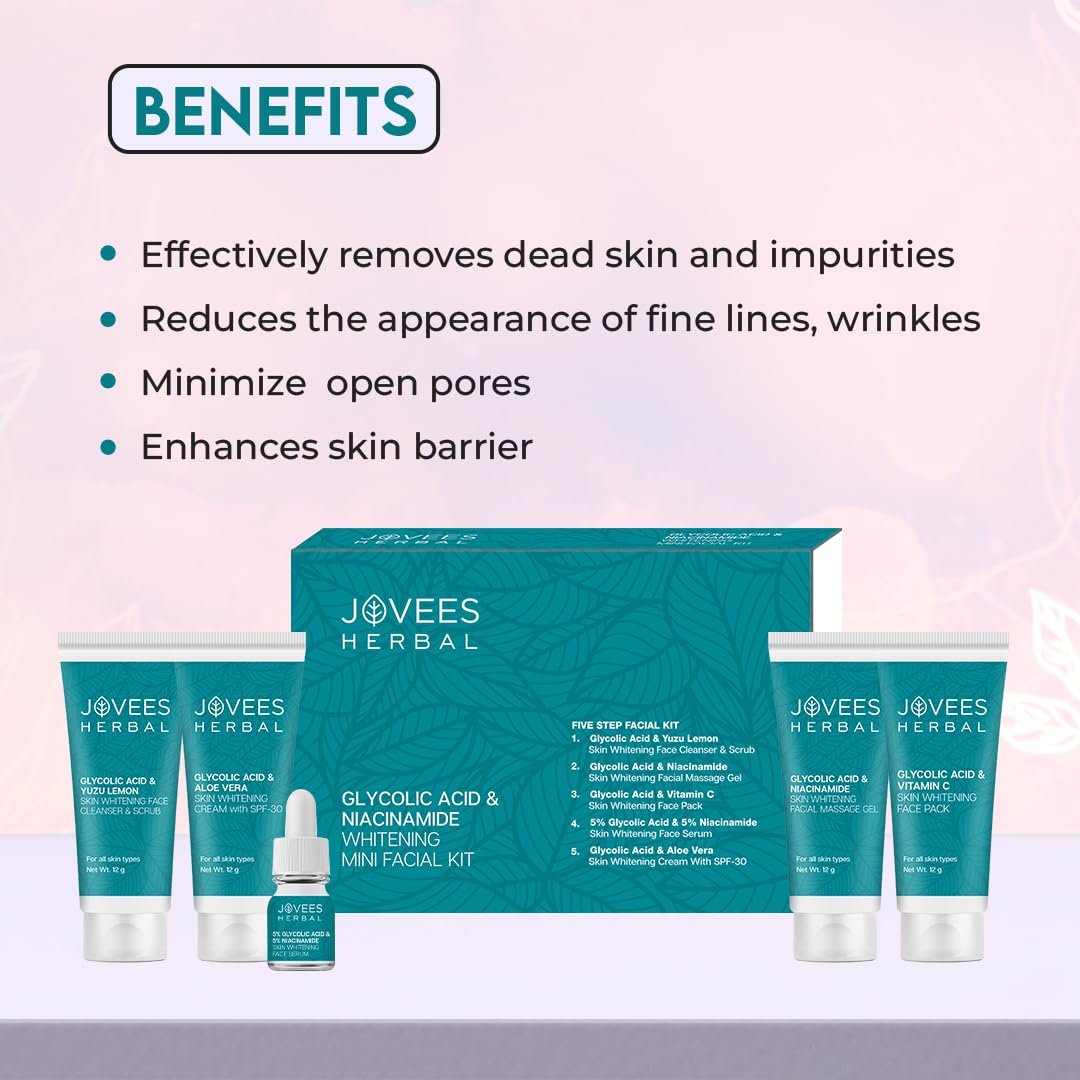Jovees Herbal Glycolic Acid & Niacinamide Whitening Mini Facial Kit For Brighter & Hydrated Skin | Kit for Improves Uneven Skin Tone, Dark Spots & Dullness 53g (Multiple Use) thumbnail